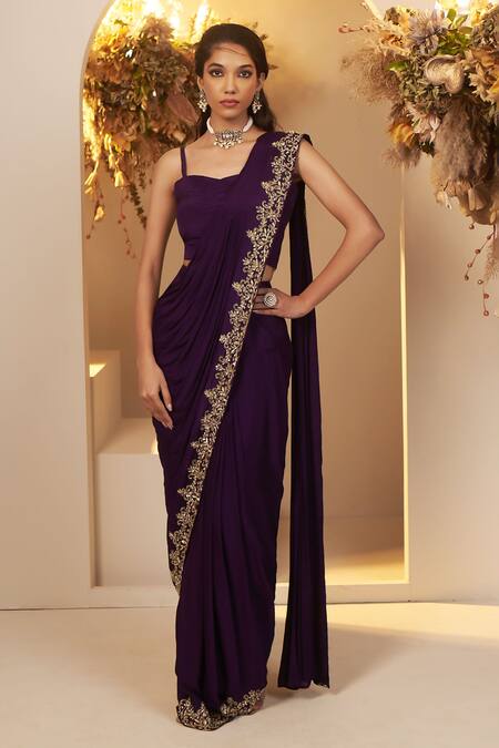 Buy_Baidehi_Purple Chiffon, Cotton Cut Flower Vine Embroidered Jacket And Pre-draped Saree Set _Online_at_Aza_Fashions