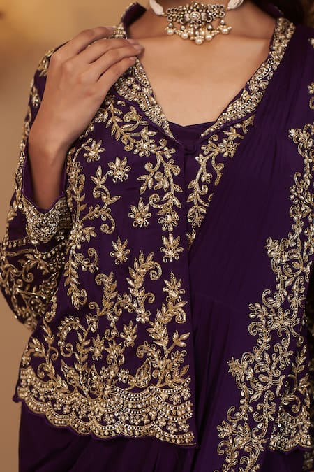 Baidehi_Purple Chiffon, Cotton Cut Flower Vine Embroidered Jacket And Pre-draped Saree Set _at_Aza_Fashions