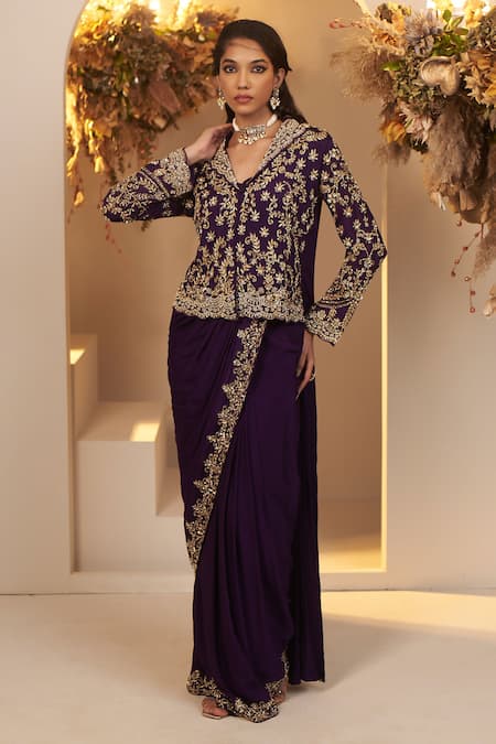 Buy_Baidehi_Purple Chiffon, Cotton Cut Flower Vine Embroidered Jacket And Pre-draped Saree Set 