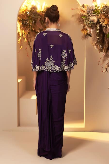 Baidehi Flower Vine Embroidered Cape & Pre-Draped Saree Set 