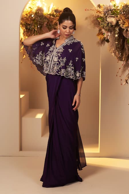 Baidehi_Purple Chiffon, Cotton Cut Flower Vine Embroidered Cape And Pre-draped Saree Set _Online_at_Aza_Fashions