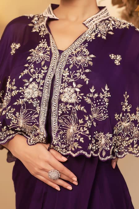 Buy_Baidehi_Purple Chiffon, Cotton Cut Flower Vine Embroidered Cape And Pre-draped Saree Set _Online_at_Aza_Fashions