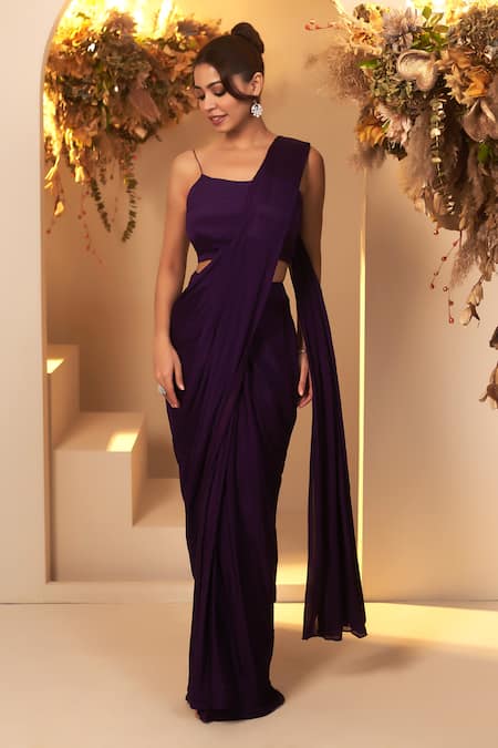 Shop_Baidehi_Purple Chiffon, Cotton Cut Flower Vine Embroidered Cape And Pre-draped Saree Set _Online_at_Aza_Fashions