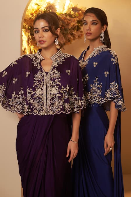Buy_Baidehi_Purple Chiffon, Cotton Cut Flower Vine Embroidered Cape And Pre-draped Saree Set 