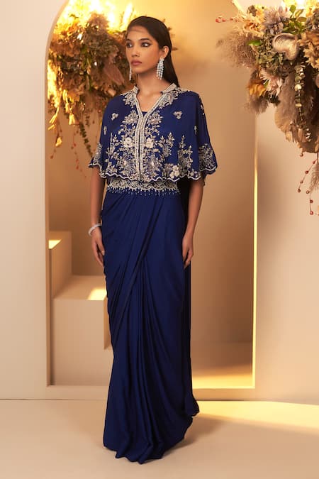 BAIDEHI Blue Chinon Georgette Embroidery Cutdana Cape Flower And Pre-draped Saree Set 