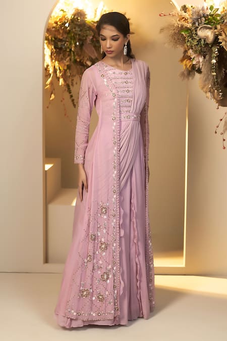 Baidehi Purple Chiffon, Silk Organza, Lycra Sequins, Floral Saree Gown And Jacket Set Online at Aza Fashions Baidehi_Purple Chiffon, Silk Organza, Lycra Sequins, Floral Saree Gown And Jacket Set _Online_at_Aza_Fashions