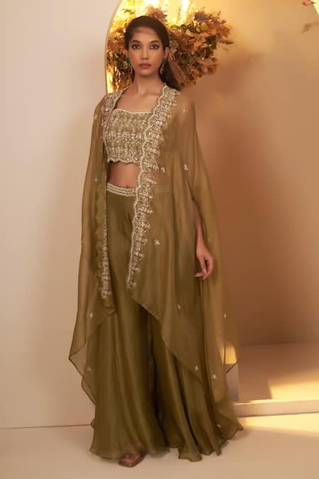 BAIDEHI Green Jacket And Palazzo Organza Embroidery Cutdana And Sequin Floret Set 