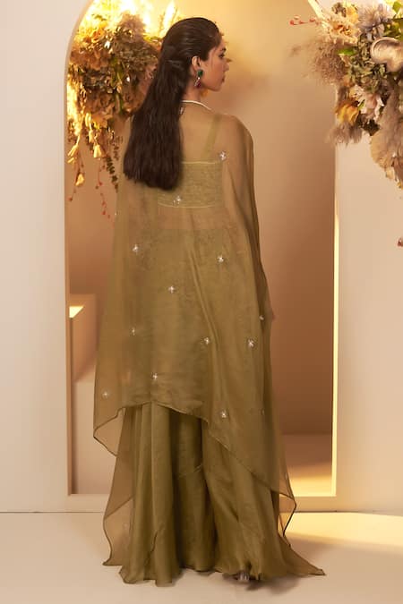 Shop BAIDEHI Green Chanderi Silk, Organza Beads, Sequins, Floret Jacket Palazzo Set at Aza Fashions Shop_BAIDEHI_Green Chanderi Silk, Organza Beads, Sequins, Floret Jacket Palazzo Set _at_Aza_Fashions