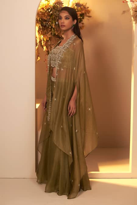 BAIDEHI Green Chanderi Silk, Organza Beads, Sequins, Floret Jacket Palazzo Set Online at Aza Fashions BAIDEHI_Green Chanderi Silk, Organza Beads, Sequins, Floret Jacket Palazzo Set _Online_at_Aza_Fashions