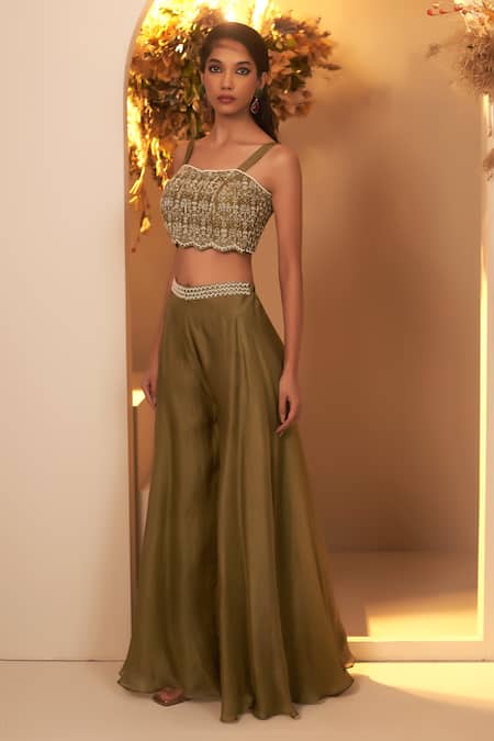 Shop BAIDEHI Green Chanderi Silk, Organza Beads, Sequins, Floret Jacket Palazzo Set Online at Aza Fashions Shop_BAIDEHI_Green Chanderi Silk, Organza Beads, Sequins, Floret Jacket Palazzo Set _Online_at_Aza_Fashions