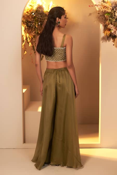 Buy BAIDEHI Green Chanderi Silk, Organza Beads, Sequins, Floret Jacket Palazzo Set Buy_BAIDEHI_Green Chanderi Silk, Organza Beads, Sequins, Floret Jacket Palazzo Set