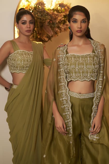 Shop BAIDEHI Green Chanderi Silk, Organza Beads, Sequins, Floret Jacket Palazzo Set Shop_BAIDEHI_Green Chanderi Silk, Organza Beads, Sequins, Floret Jacket Palazzo Set