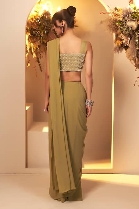 Shop_BAIDEHI_Green Silk, Georgette Embroidery, Beads, Cut Work, Pre-draped Saree With Blouse _at_Aza_Fashions