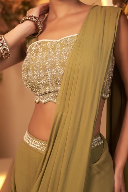 Buy_BAIDEHI_Green Silk, Georgette Embroidery, Beads, Cut Work, Pre-draped Saree With Blouse _Online_at_Aza_Fashions