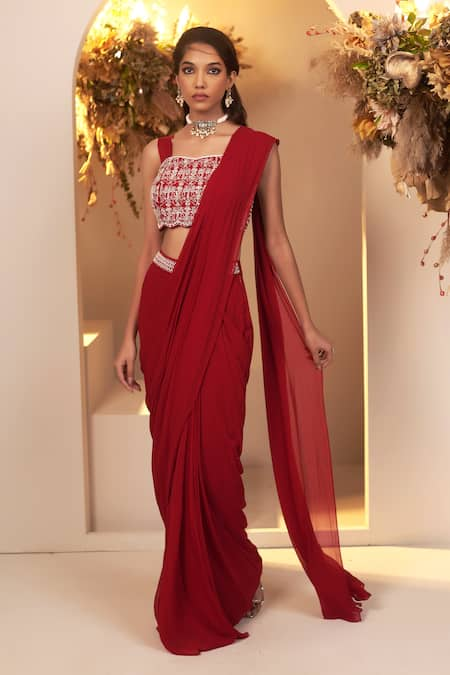 BAIDEHI Red Blouse Bamber Silk Embroidery Cutdana And Pre-draped Saree With Floral 