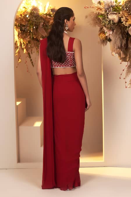 Shop BAIDEHI Red Georgette Beads, Cut Work, Pre-draped Saree With Floral Embroidered Blouse at Aza Fashions Shop_BAIDEHI_Red Georgette Beads, Cut Work, Pre-draped Saree With Floral Embroidered Blouse _at_Aza_Fashions