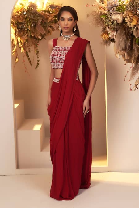 BAIDEHI Red Georgette Beads, Cut Work, Pre-draped Saree With Floral Embroidered Blouse Online at Aza Fashions BAIDEHI_Red Georgette Beads, Cut Work, Pre-draped Saree With Floral Embroidered Blouse _Online_at_Aza_Fashions