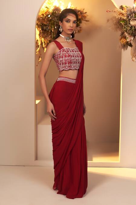 Buy BAIDEHI Red Georgette Beads, Cut Work, Pre-draped Saree With Floral Embroidered Blouse Online at Aza Fashions Buy_BAIDEHI_Red Georgette Beads, Cut Work, Pre-draped Saree With Floral Embroidered Blouse _Online_at_Aza_Fashions