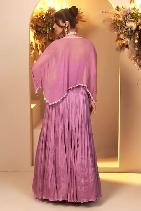 Shop BAIDEHI Purple Chiffon Embroidery Halter Neck Scallop Blouse And Lehenga Set at Aza Fashions Shop_BAIDEHI_Purple Chiffon Embroidery Halter Neck Scallop Blouse And Lehenga Set _at_Aza_Fashions