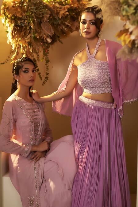 BAIDEHI Purple Chiffon Embroidery Halter Neck Scallop Blouse And Lehenga Set Online at Aza Fashions BAIDEHI_Purple Chiffon Embroidery Halter Neck Scallop Blouse And Lehenga Set _Online_at_Aza_Fashions