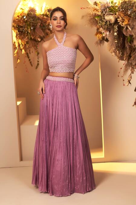Shop BAIDEHI Purple Chiffon Embroidery Halter Neck Scallop Blouse And Lehenga Set Online at Aza Fashions Shop_BAIDEHI_Purple Chiffon Embroidery Halter Neck Scallop Blouse And Lehenga Set _Online_at_Aza_Fashions