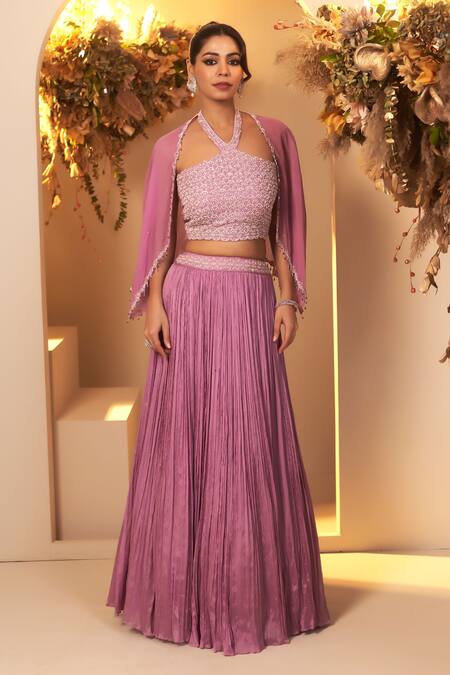 Buy BAIDEHI Purple Chiffon Embroidery Halter Neck Scallop Blouse And Lehenga Set Buy_BAIDEHI_Purple Chiffon Embroidery Halter Neck Scallop Blouse And Lehenga Set