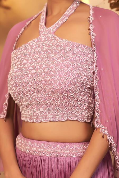 Shop BAIDEHI Purple Chiffon Embroidery Halter Neck Scallop Blouse And Lehenga Set Shop_BAIDEHI_Purple Chiffon Embroidery Halter Neck Scallop Blouse And Lehenga Set