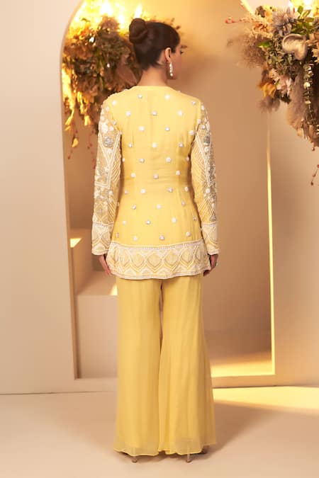 Shop BAIDEHI Yellow Georgette, Cotton Pearls, Sequins, Beads, Embroidery Kurta With Palazzo at Aza Fashions Shop_BAIDEHI_Yellow Georgette, Cotton Pearls, Sequins, Beads, Embroidery Kurta With Palazzo _at_Aza_Fashions