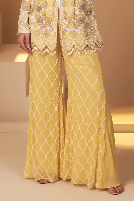 BAIDEHI Yellow Georgette, Cotton Pearls, Sequins, Beads, Embroidery Kurta With Palazzo Online at Aza Fashions BAIDEHI_Yellow Georgette, Cotton Pearls, Sequins, Beads, Embroidery Kurta With Palazzo _Online_at_Aza_Fashions