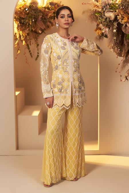 Buy BAIDEHI Yellow Georgette, Cotton Pearls, Sequins, Beads, Embroidery Kurta With Palazzo Online at Aza Fashions Buy_BAIDEHI_Yellow Georgette, Cotton Pearls, Sequins, Beads, Embroidery Kurta With Palazzo _Online_at_Aza_Fashions