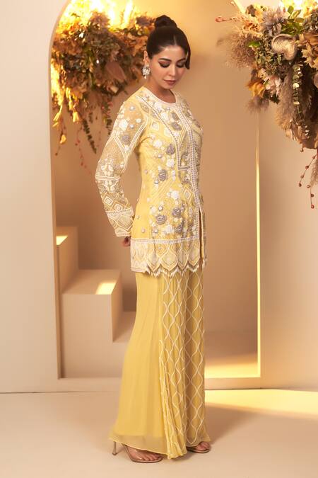 Shop BAIDEHI Yellow Georgette, Cotton Pearls, Sequins, Beads, Embroidery Kurta With Palazzo Online at Aza Fashions Shop_BAIDEHI_Yellow Georgette, Cotton Pearls, Sequins, Beads, Embroidery Kurta With Palazzo _Online_at_Aza_Fashions