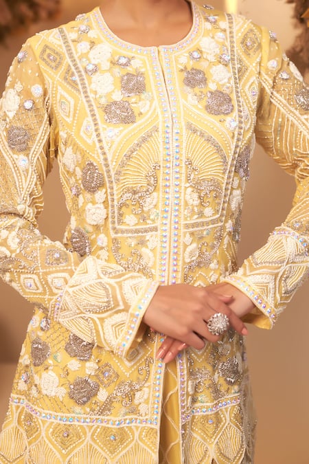 BAIDEHI Yellow Georgette, Cotton Pearls, Sequins, Beads, Embroidery Kurta With Palazzo at Aza Fashions BAIDEHI_Yellow Georgette, Cotton Pearls, Sequins, Beads, Embroidery Kurta With Palazzo _at_Aza_Fashions