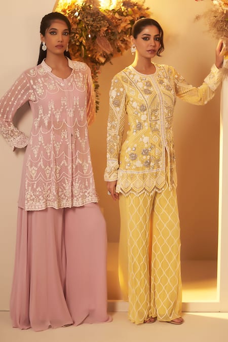Buy BAIDEHI Yellow Georgette, Cotton Pearls, Sequins, Beads, Embroidery Kurta With Palazzo Buy_BAIDEHI_Yellow Georgette, Cotton Pearls, Sequins, Beads, Embroidery Kurta With Palazzo