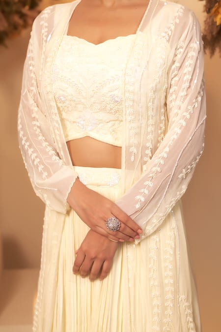 Shop BAIDEHI White Organza, Chiffon Pearls, Sequins, Beads And Embroidered Jacket Lehenga Set Online at Aza Fashions Shop_BAIDEHI_White Organza, Chiffon Pearls, Sequins, Beads And Embroidered Jacket Lehenga Set _Online_at_Aza_Fashions