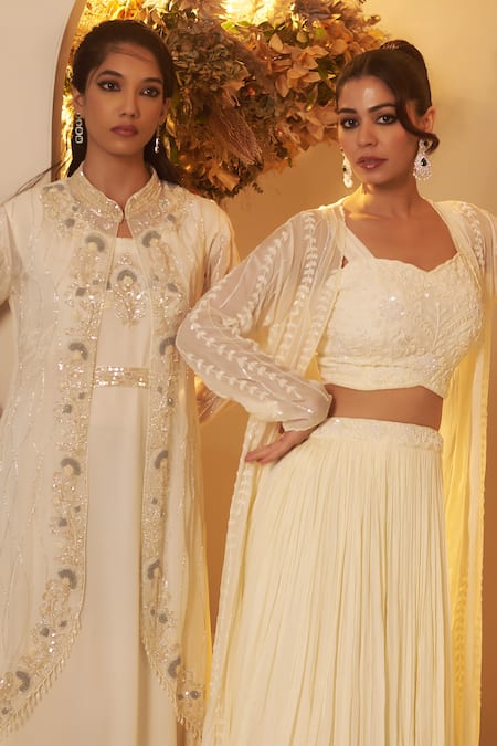 Buy BAIDEHI White Organza, Chiffon Pearls, Sequins, Beads And Embroidered Jacket Lehenga Set Buy_BAIDEHI_White Organza, Chiffon Pearls, Sequins, Beads And Embroidered Jacket Lehenga Set