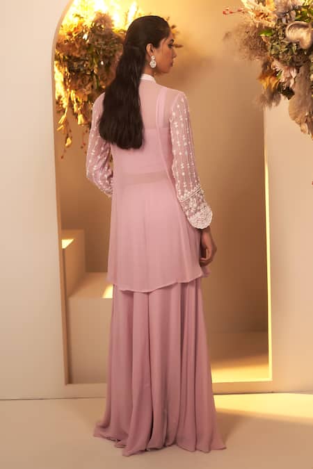 Shop BAIDEHI Purple Georgette, Cotton Cut Work, Embroidery, Pearls Floral Kurta Palazzo Set at Aza Fashions Shop_BAIDEHI_Purple Georgette, Cotton Cut Work, Embroidery, Pearls Floral Kurta Palazzo Set _at_Aza_Fashions