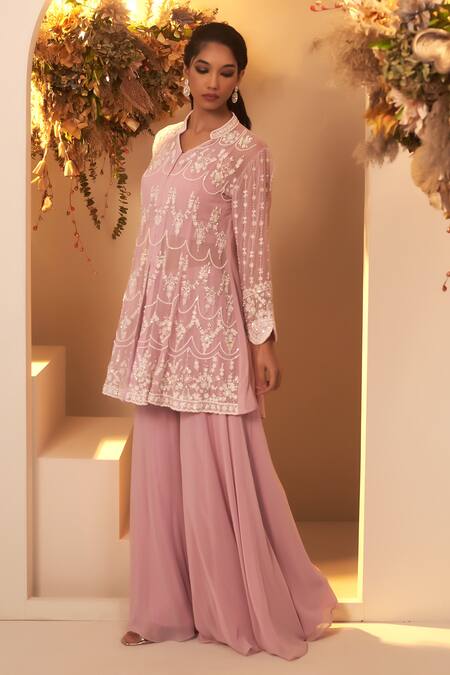 BAIDEHI Purple Georgette, Cotton Cut Work, Embroidery, Pearls Floral Kurta Palazzo Set Online at Aza Fashions BAIDEHI_Purple Georgette, Cotton Cut Work, Embroidery, Pearls Floral Kurta Palazzo Set _Online_at_Aza_Fashions