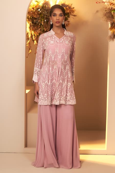Buy BAIDEHI Purple Georgette, Cotton Cut Work, Embroidery, Pearls Floral Kurta Palazzo Set Online at Aza Fashions Buy_BAIDEHI_Purple Georgette, Cotton Cut Work, Embroidery, Pearls Floral Kurta Palazzo Set _Online_at_Aza_Fashions