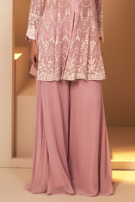 Shop BAIDEHI Purple Georgette, Cotton Cut Work, Embroidery, Pearls Floral Kurta Palazzo Set Online at Aza Fashions Shop_BAIDEHI_Purple Georgette, Cotton Cut Work, Embroidery, Pearls Floral Kurta Palazzo Set _Online_at_Aza_Fashions