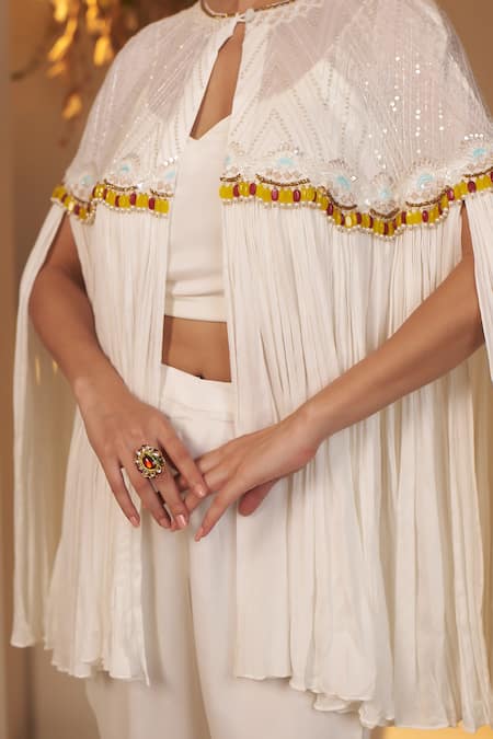 Buy Baidehi White Georgette Pearls, Sequins, Beads Round Neck Embroidered Cape And Palazzo Set Online at Aza Fashions Buy_Baidehi_White Georgette Pearls, Sequins, Beads Round Neck Embroidered Cape And Palazzo Set _Online_at_Aza_Fashions