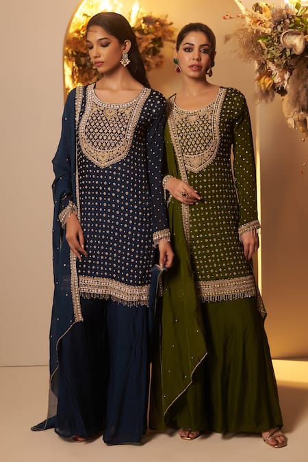 Baidehi_Green Chiffon, Georgette, Organza, Silk Sequins, Floret Kurta Sharara Set _Online_at_Aza_Fashions
