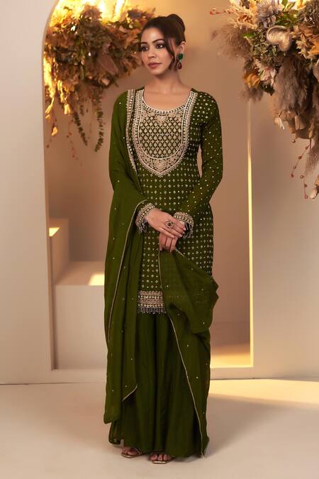 Buy_Baidehi_Green Chiffon, Georgette, Organza, Silk Sequins, Floret Kurta Sharara Set _Online_at_Aza_Fashions