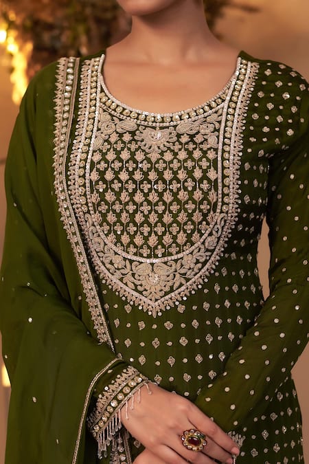 Shop_Baidehi_Green Chiffon, Georgette, Organza, Silk Sequins, Floret Kurta Sharara Set _Online_at_Aza_Fashions