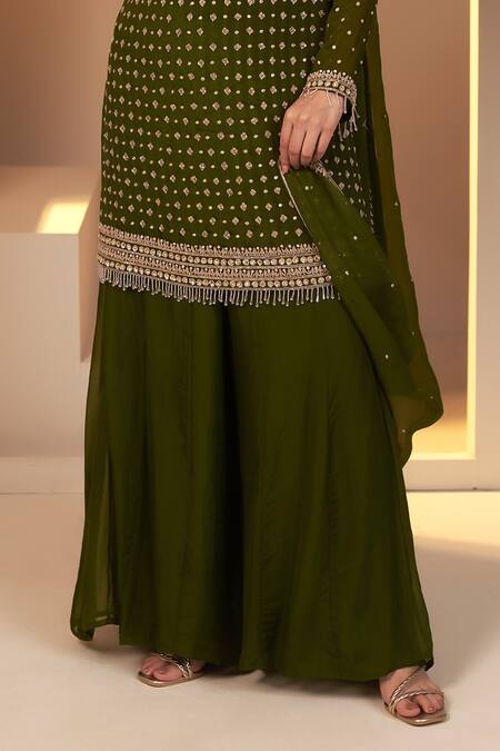 Baidehi_Green Chiffon, Georgette, Organza, Silk Sequins, Floret Kurta Sharara Set _at_Aza_Fashions