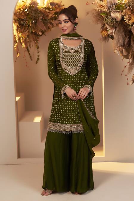 Buy_Baidehi_Green Chiffon, Georgette, Organza, Silk Sequins, Floret Kurta Sharara Set 
