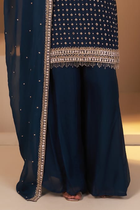 Baidehi_Blue Georgette, Organza, Silk Floret Dabka Embroidered Kurta Sharara Set _Online_at_Aza_Fashions