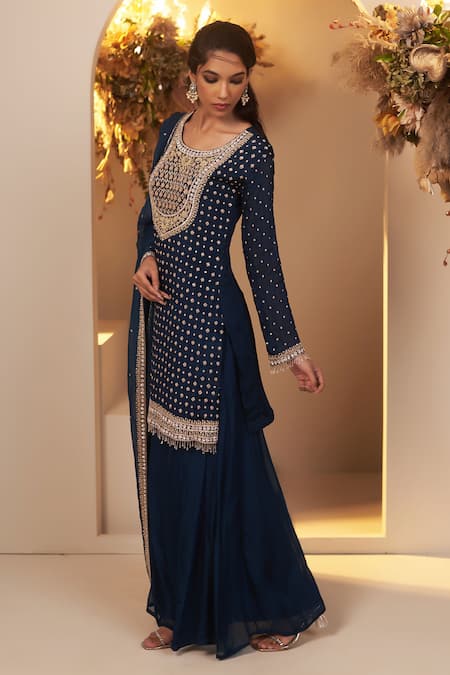 Buy_Baidehi_Blue Georgette, Organza, Silk Floret Dabka Embroidered Kurta Sharara Set _Online_at_Aza_Fashions