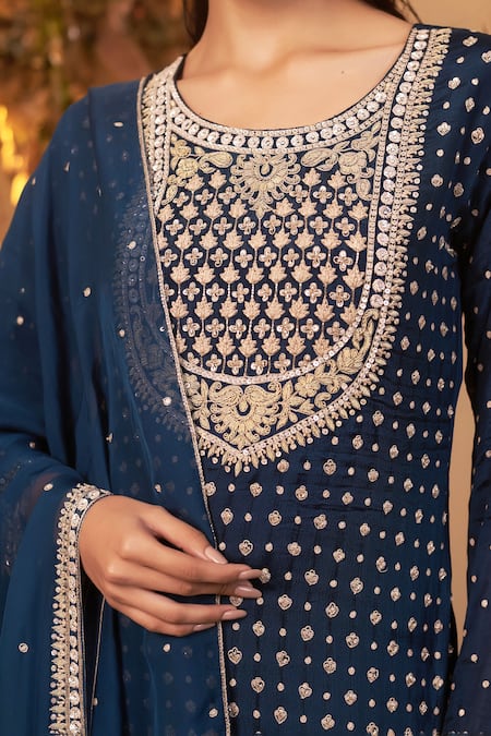 Shop_Baidehi_Blue Georgette, Organza, Silk Floret Dabka Embroidered Kurta Sharara Set _Online_at_Aza_Fashions
