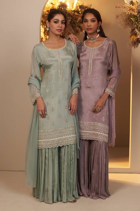 Baidehi_Blue Chiffon, Georgette Pearls, Sequins, Cut Butti Embroidered Kurta Sharara Set _Online_at_Aza_Fashions