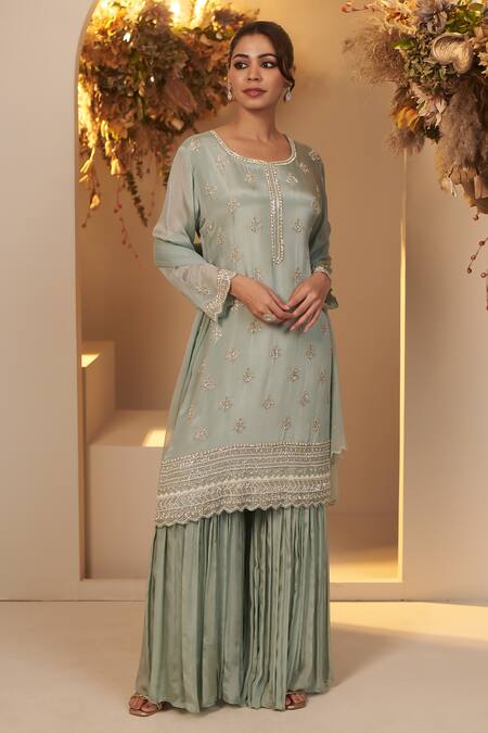 Buy_Baidehi_Blue Chiffon, Georgette Pearls, Sequins, Cut Butti Embroidered Kurta Sharara Set _Online_at_Aza_Fashions